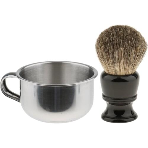 Mens Shave Set Badger Hair Shaving Brush+ Stainless Steel Soap Mug Bowl