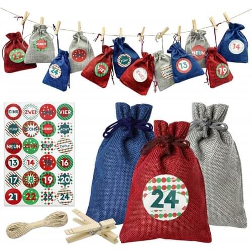 24 Pieces Candy Bags Set Christmas Advent Countdown Calendar Gift Pouches Drawstring Burlap Snacks Organizers Decoration