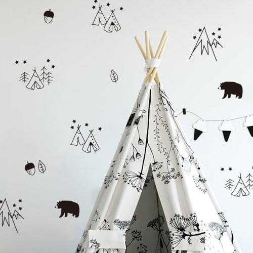 Nordic Style Camping Tent Bear Wall Stickers Home Decal Nusery Baby Boys Room Bedromm Art Mural Posters