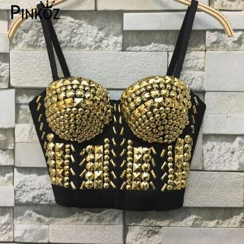 Pinkoz 2020 Sexy Sequined Top Rave Festival Glitter Bustier Golden Tank Top Party Night Club Handmade Vest Beading Bra