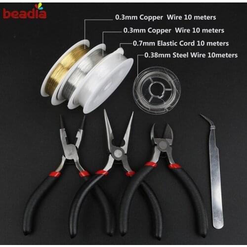1 set Pliers Tweezers Wire Cord Jewelry Tool Set 3 pcs pliers/1 pcTweezers/4 rolls Wire Cord For Necklace Earrings Bracelets