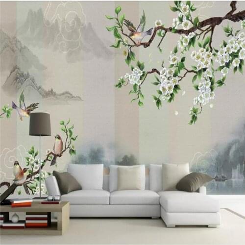 Custom wallpaper new ink landscape flowers and birds Chinese painting TV background wall waterproof material