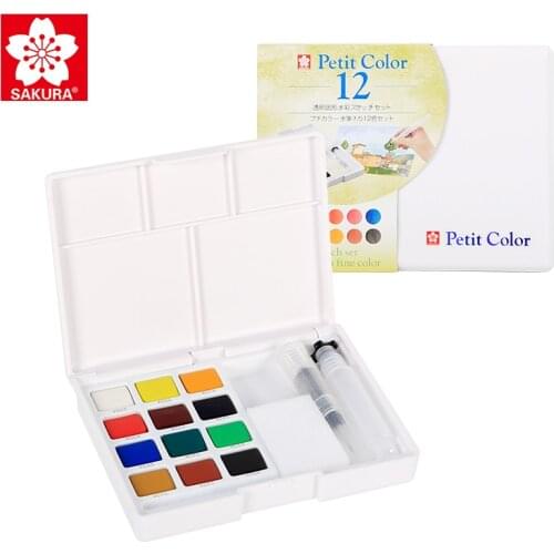 Sakura Solid Watercolor Paints Pigment Set 12/18 Colors Portable with Water Color Brush Art Supplies