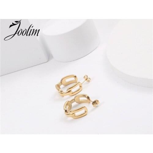 Joolim High Quality PVD Gold Finish Chain C Shape Stainless Steel Hoop Earring Tarnish Free Gold Jewelry