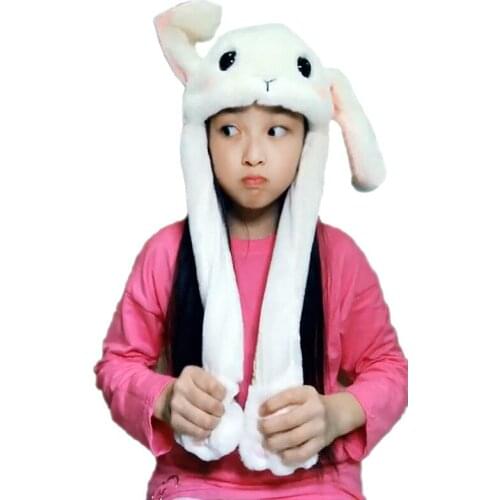 Cute Girls Fluffy Pom Pom Rabbit Fur Bunny Hat Women Pinching Airbag Moving Up and Down Bunny Ear Cap Toy For Kids Jewelry Gift