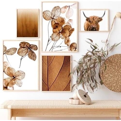 Plateau Cow Brown Plant Leaves Dried Flowers Natural Art Poster Modern Wall Canvas Painting and Prints Living Room Home Decor