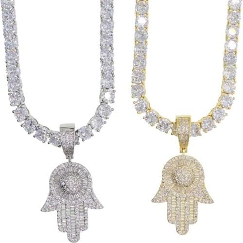 Turkish Evil Eye Hamsa Hand of Fatima Pendant Necklace with 5a cz paved Iced Out Pendant & Chain Hip Hop Women Jewelry