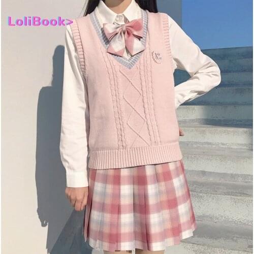 Lolibook 2021 Women Japanese Uniform Pink V-neck Sweater Vest And Long Sleeve Blouse 2pc Set Girl Sweet Bow JK School Suit