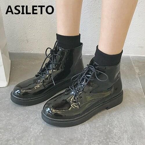 ASILETO Winter Women M Ankle Boots Strap Up Patent Leather Square Heel Comfort Casual Shoes Platform Lady Black Warm Fur S2193