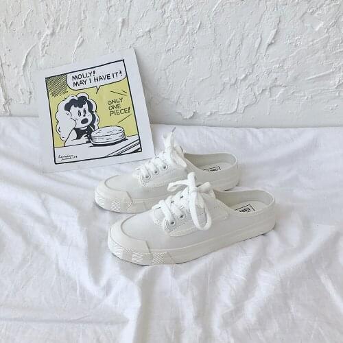 Summer new style non-heeled flat white canvas shoes wild stitching womens half slippers fashion lace-up ladies vulcanized shoes