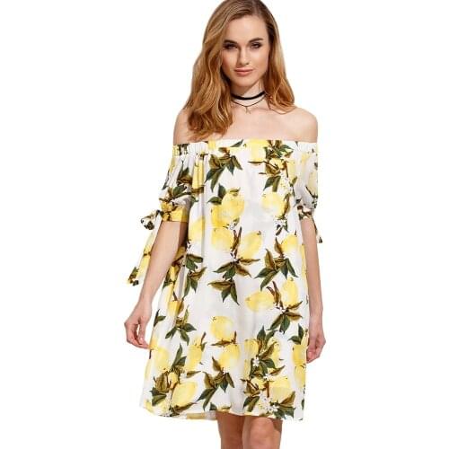 Womens Sexy Off Shoulder Lemon Print Tie Sleeve Tunic Dress Ladies Casual Wear Dresses