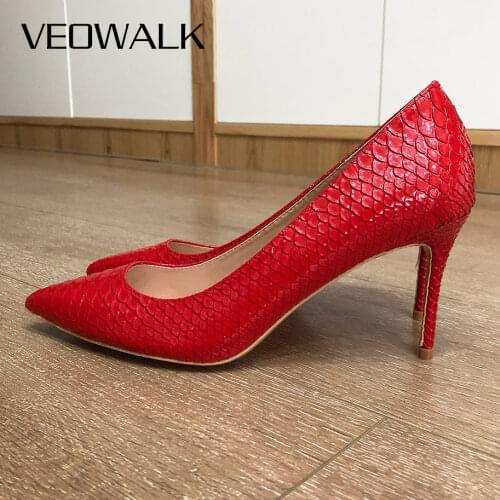 Veowalk Red Crocodile-Effect Women Pointy Toe Stilettos High Heels Slip On Pumps Sexy Ladies Party Shoes