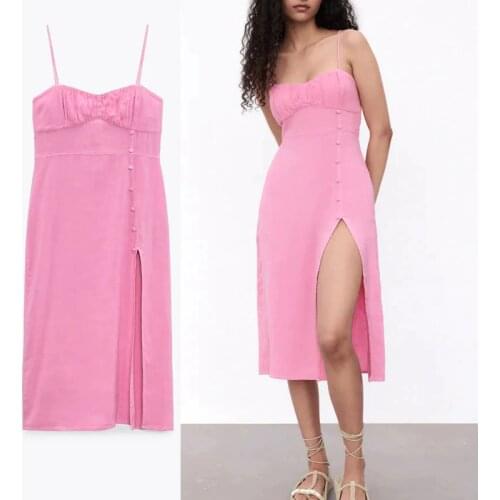 ZA Pink Sexy Long Summer Dress Women Elegant Ruching Beach Dresses Female Chic Back Zip Front Slit Vintage Party Dress 2021