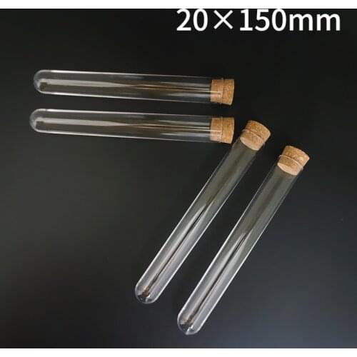 5pcs/lot 20x150mm Transparent Plastic Round Bottom Test Tubes with cork stopper for School/Laboratory Glassware