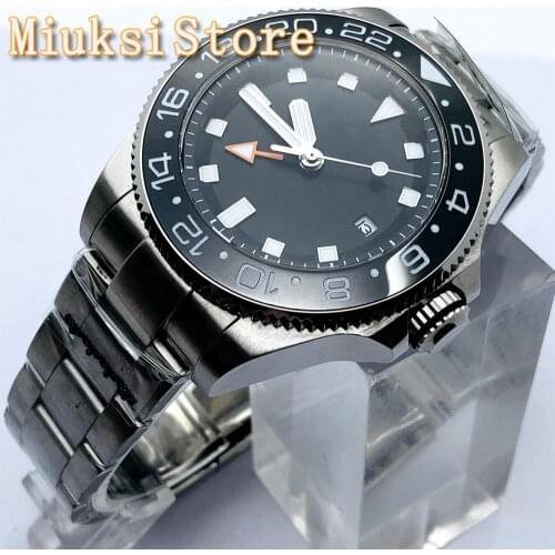 BLIGER 43mm Mens Top Mechanical Watch Sapphire Glass Ceramic Bezel Black Sterile Dial DG 3804 GMT Automatic Movement Watch