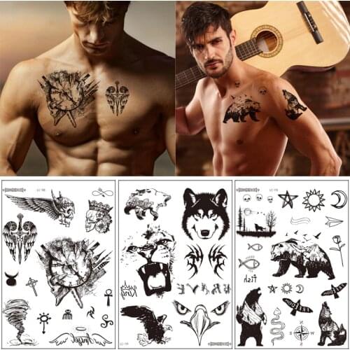 Black Retro Temporary Tattoo Sticker Wolf Bear Clock Big Size Fake Tatoo Hand Foot Arm Chest Tatto Stickers For Men Women Girl