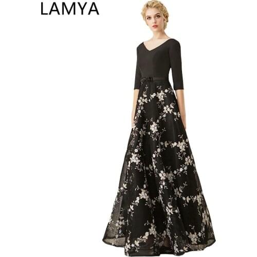 LAMYA Long Evening Dresses V Neck Black Party Gowns Vestido Elegant Embreoidery Formal Banquet Vintage Back Satin Half Sleeve