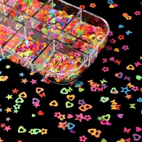 Fluorescence Love Heart Nail Art Sequins Mix Butterfly Stars Flowers Neon Colorful Glitter 3D Flakes Spangle Nails Accessories
