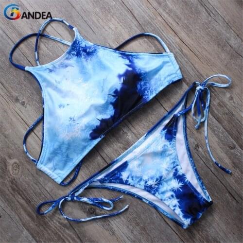 BANDEA women high neck bikini set sexy brand swimsuit for women retro print bikini lace up top bathing suit biquini female HA030
