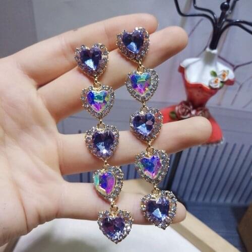 Korea New Twice Purple Crystal Rhinestone Five Love Heart Tassel Chain Long Drop Earrings for Women Girl Party Jewelry