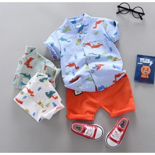 Korean version of thin baby dinosaur cartoon Shirt Short Sleeve shorts two piece set fashionable