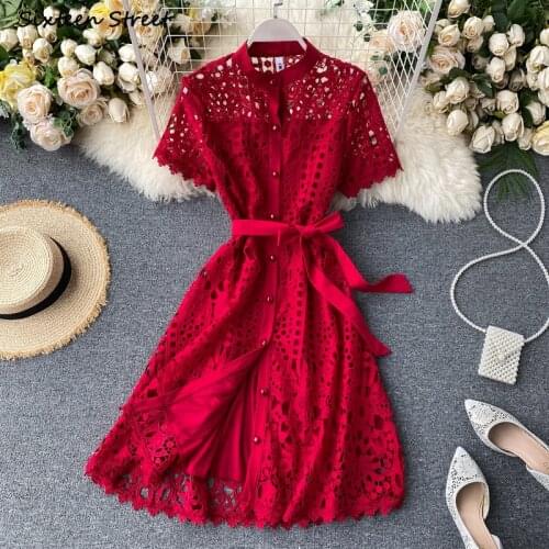Red Lace Dress Female Summer O-neck Single Breasted Elegant Party Mini Dress Bodycon Woman Black Hollow Out Runway Dresses