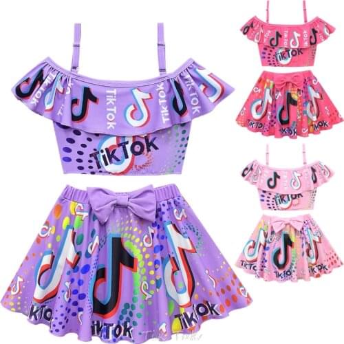2~10Year Girls Swimsuit Kids Swimwear Tik Tok print Kids Bikini Sets Ruffle style Children swimwear Kids Beach wear