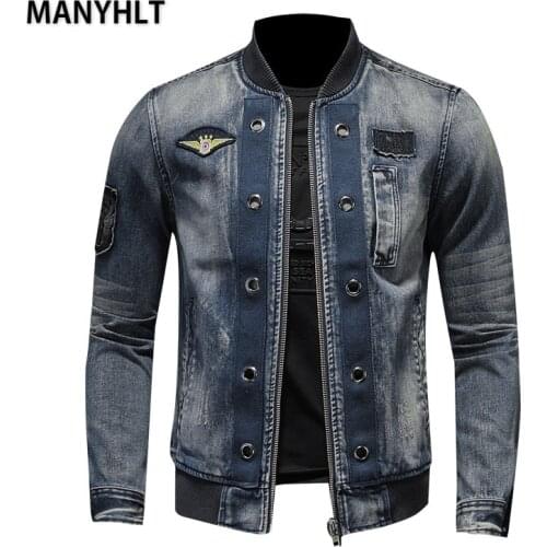 MANYHLT Stand Collar Mens Motorcycle Biker zipper Jeans Jackets Patchwork Denim Man Slim Fit Streetwear Vintage Jacket Coat