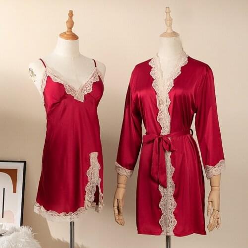 Faux Silk Sleepwear For Women Kimono Bathrobe Gown Summer New Robe Set Satin Nightdress Lace Nightgown Bridal Wedding Gift