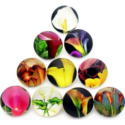 New Arrived Mixs 12pcs/lot 18mm Glass Snap Buttons Lily Flower Snap Chams Fit DIY Snap Bracelet Necklace Jewelry