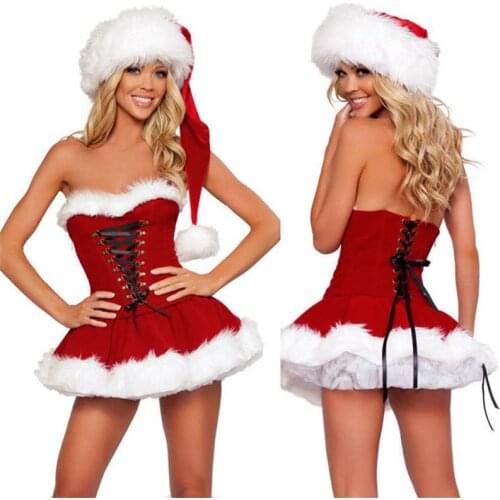 New Christmas Dress with hat Costume for Women Sexy Red Dress Christmas Dress + Hat Outfits for Cosplay Party
