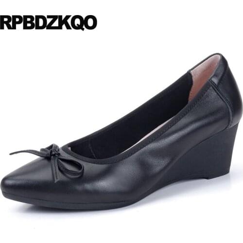 Genuine leather bow pointed toe ladies size 33 office medium heels new autumn 2019 black work shoes women designer 4 34 wedge