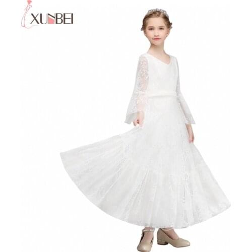 In Stock Long Flare Sleeves Lace Flower Girl Dresses 2020 Floor Length Communion Dresses For Kids Prom Dresses primera comunion