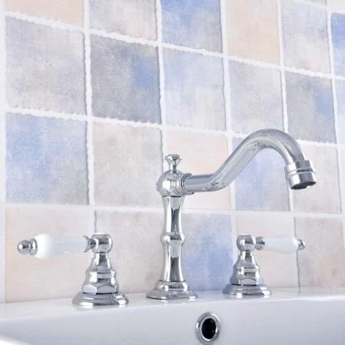 Polished Chrome Brass Deck Mounted Dual Handles Widespread Bathroom 3 Holes Basin Faucet Mixer Water Taps mnf540