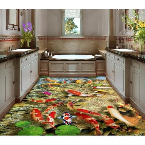 Custom photo self-adhesive 3d floor PVC waterproof floor lotus carp 3d PVC floor wallpaper home decoration