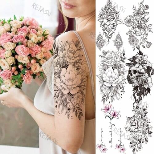 3D Black Big Lotus Temporary Tattoos For Women Girl Peony Lily Tiger Snake Fake Tattoo Sticker Body Art Holiday Waterproof Tatoo