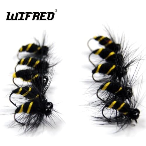 Wifreo 10PCS #12 Black & Yellow Bumble Bee Fly Bass Trout Fly New Style Dry Flies with Black Bead Eyes