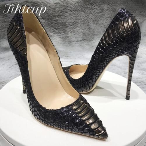 Tikicup Black Croc-Effect Embossed Women Sexy Stiletto High Heels Slip On Pointed Toe Fashion Pumps Designer Brand Party Shoes