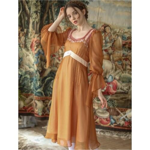 Spring Autumn Dress Women Vintage Elegant Slim Midi Dress Sweet Mori Girl Retro Embroidery Long Sleeve Lace Patchwork Long Dress