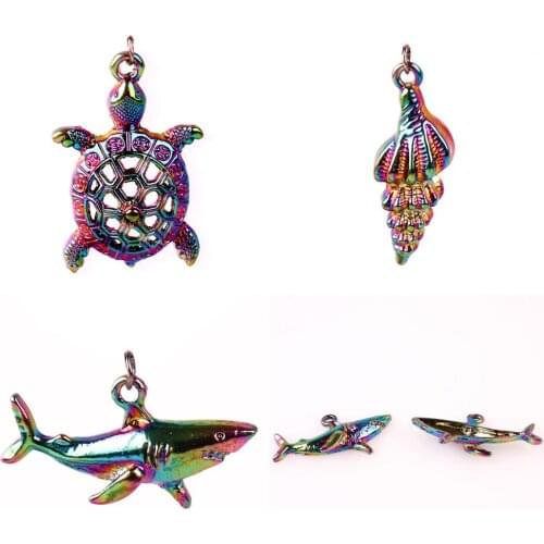 5pcs romantic seaside Rainbow Color Alloy ocean tortoise shark conch holiday Pendant Charms fit Necklace for Seaside Vacation