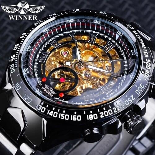 Winner 2019 Sport Watches Black Golden Skeleton Mechanical Wrist Watch for Men Top Brand Luxury Luminous Hands Steampunk Clock