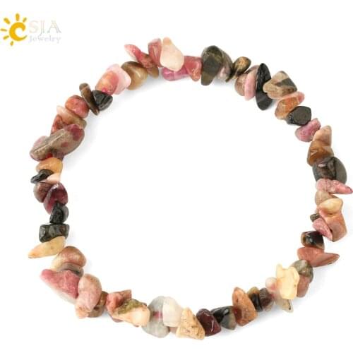 CSJA Colorful Tourmaline Bracelets Natural Stone Bracelet Women Chipped Gravel Beads Elastic Reiki Jewelry Christmas Gift G634