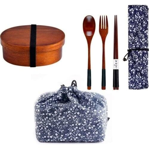 Wooden Lunch Box Picnic Japanese Bento Box for School Kids Dinnerware Set with Bag&Spoon Fork Chopsticks Round Square Lunch Box