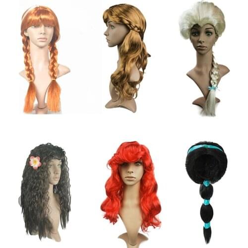 Girls Children Wig Cosplay Jasmine Elsa Anna Moana Mermaid Princess Wig Hair Kids Halloween Party Birthday Dress Up Costume Prop