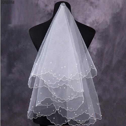 Simple and Elegent Wedding Bridal Veil Tulle White Ivory Two Layers Bride Accessories Short Women Veils With Pearl
