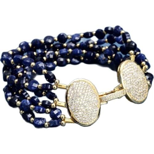 GG Jewelry Natural 6 Rows Faceted Coin Shape Blue Lapis Lazuli Bracelet Cubic Zirconia Pave Clasp 8.5" Ethnic Style For Women