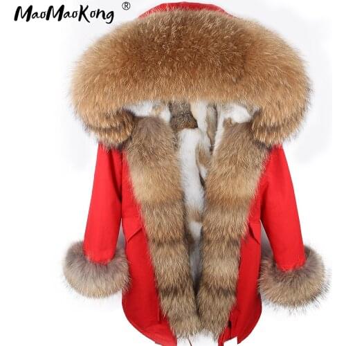 Maomaokong winter natural raccoon luxury fur collar long coat red army green natural rabbit fur lined parkas Womens jacket