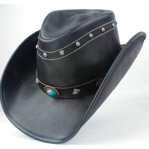 100% Leather Women Men Black Western Cowboy Hat With Roll Up Brim Punk Belt Jazz Sombrero Cap Dad Hat Size 58-59CM