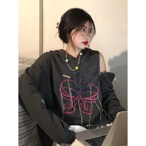 Oversized Harajuku Hoodie Streetwear Plus Size Sweatshirt Women Korean Style Tops Print Tassels Zipper Off Shoulder Pullovers