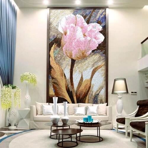 Custom Art Mural Pink Tulip Flower Glimmer Ice Jade Crystal Glass Mosaic Tile Artwork Wall Tile Modern Home Decoration Painting